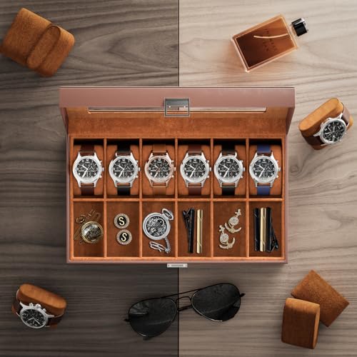 ProCase Watch Box Organizer, Fathers Day Gift for Dad, 12 Slot Watch Display Case With Glass Lid, Watch Storage Holder Mens Watch Case, Anniversary Birthday Gifts -12 Slot, Brown