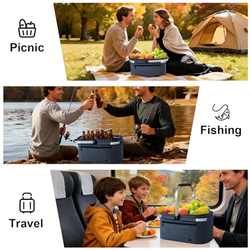 ALLCAMP Picnic Basket - 2 Ice Box Included 32L Insulated Cooler, Thickening Foldable Picnic Basket with Removable Baskets & Sewn-in Frame, Basket for House Warming Gifts New Home(Blue)