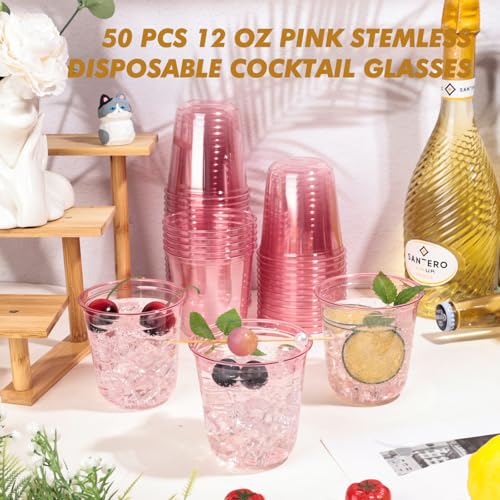 KesaPlan 50 Pcs Pink Plastic Cups, 12oz Disposable Stemless Wine Glasses for Cocktail Cute Clear Cocktail Wine Glasses Pink Party Cups