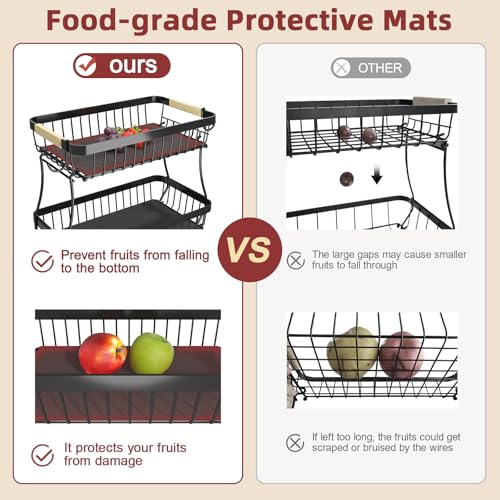 2 Tier Large Fruit Basket for Kitchen Counter with 2 Mobile Banana Hangers, 2026 Pro Detachable Metal Fruit Bowl with Wooden Handle, Fruit Holder for Bread Snack Veggies with Protective Mats