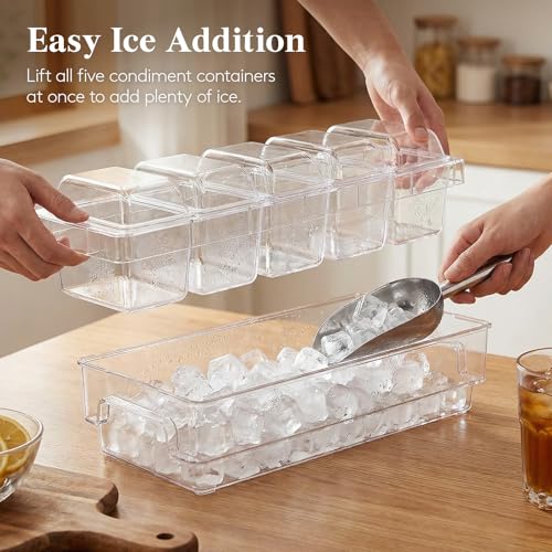 Lifewit Chilled Condiment Containers with Lids, Plastic Taco Bar Serving Set for Party with 5 Containers, Ice Garnish Tray for Mimosa Bar Supplies, Clear Serving Platter for Fruit, Salad, Snack