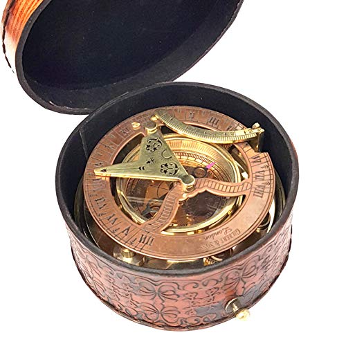 Brass Nautical - Antique Brass & Copper Sundial Compass, Sundial Clock in Box Gift Sun Clock Ship Replica Watch