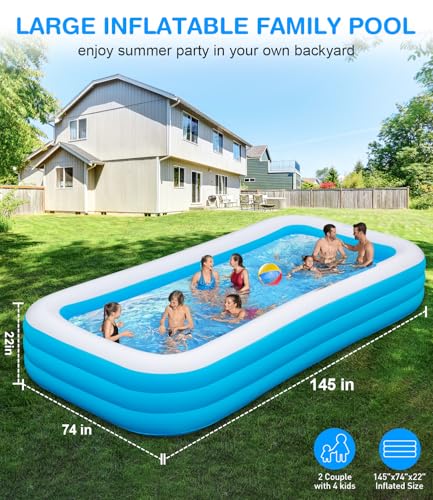 Large Inflatable Swimming Pool - GISAEV 145" x 74" x 22" Oversized Family Blow Up Pool for Adults & Kids, Sturdy Thickened Backyard Kiddie Pool, Easy Setup & Portable