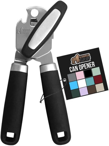 GORILLA GRIP Heavy Duty Stainless Steel Smooth Edge Manual Can Opener, Soft Comfortable Handle, Large Handheld Turn Knob, Built-In Bottle Openers