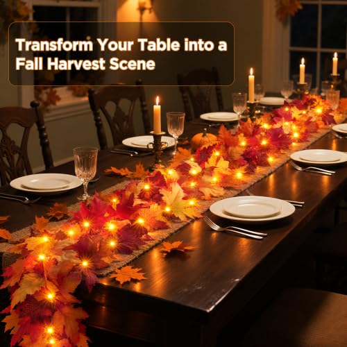 Fall Decorations for Home 9 FT Pre-lit Fall Garland with 50 LED Orange Lights, Auto Timer, 8 Lighting Modes, Waterproof Battery Operated Maple Leaf