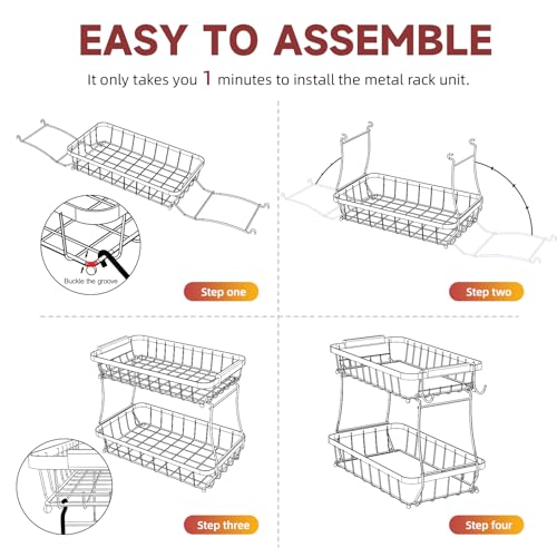 2 Tier Large Fruit Basket for Kitchen Counter with 2 Mobile Banana Hangers, 2026 Pro Detachable Metal Fruit Bowl with Wooden Handle, Fruit Holder for Bread Snack Veggies with Protective Mats