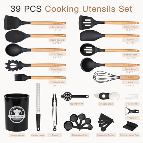 Astercook 39 PCS Kitchen Utensils Set, Silicone Cooking Utensils Set with Wooden Handle, 446°F Heat Resistant Food Grade Utensil Sets, BPA Free Kitchen Gadgets Tools Set for Nonstick Cookware (Black)