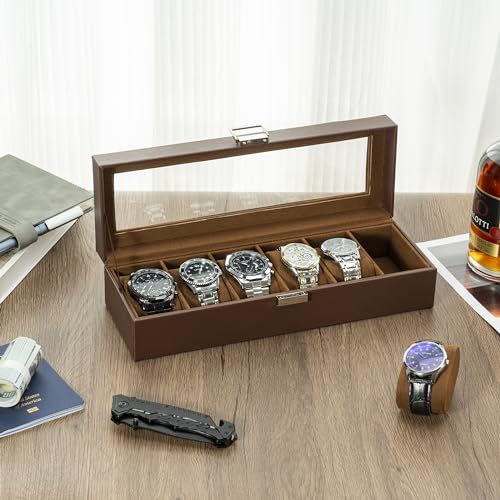 ProCase Watch Box, Fathers Day Gift for Dad, 6 Slot Mens Watch Case, Watch Storage Holder Organizer, Watch Display Case with Glass Lid, Anniversary Birthday Gifts -6 Slot, Espresso