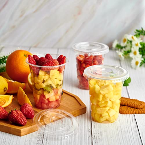 Lilymicky 100 Sets 12 oz Clear Plastic Cups with Flat Lids, 12 oz Disposable Drinking Cups With Lids for Ice Coffee, Smoothie, Slurpee, or Any Cold Drinks