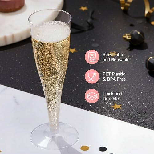 Prestee 100 Pack Clear Plastic Champagne Flutes - 4.5 oz Durable Disposable Champagne Glasses for Parties, Weddings, Toasting and Large Celebrations - Elegant Wine Glasses Stemware for Easy Cleanup