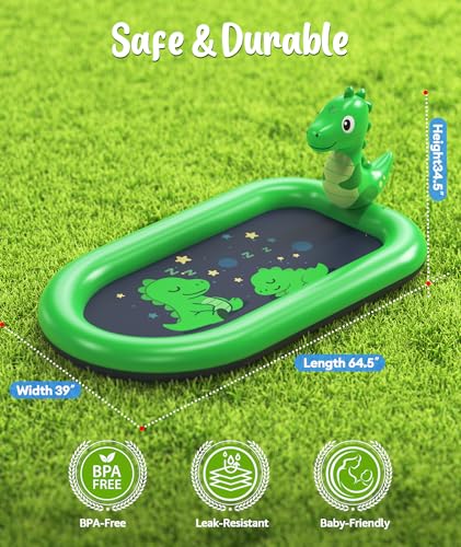 Splash Pad for Toddlers 1-3, Dinosaur Baby Pool & Water Mat for Kids, Inflatable Splash Pad Water Toys Sprinkler Outdoor Kids Pool for Toddlers, 1 Year Old Boy Birthday Gifts
