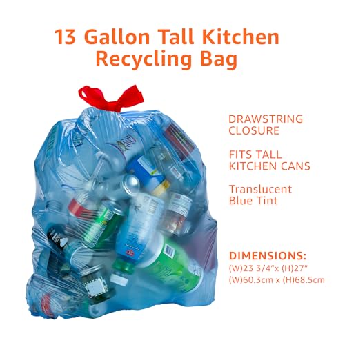 Basics Blue Recycling Drawstring Trash Bags, Tall Kitchen, Unscented, 13 Gallon, 60 Count