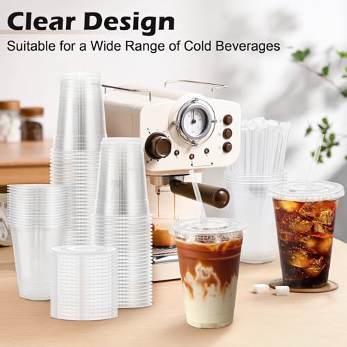 Lamosi 100 Pack 16 oz Clear Plastic Cups with Lids and Straws, Disposable Plastic Coffee Cups with Lids for Iced Coffee, Cold Beverages, Smoothies and To-Go Drinks