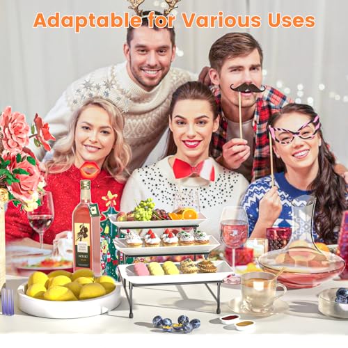 3 Tier Serving Tray for Party, 12.8"x7.5" BPA Free Food Grade Shatterproof Tiered Serving Platters with Steel Stand, Collapsible Dessert Display for Wedding, Graduation, BBQ, Holiday Events, Black