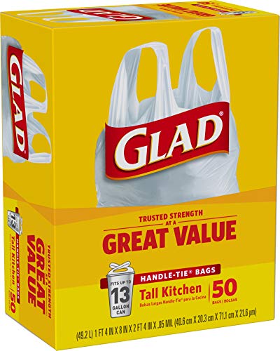 Glad Tall Kitchen Trash Bags 13 Gallon, Unscented Garbage Bags, Handle-Tie, 50 Count