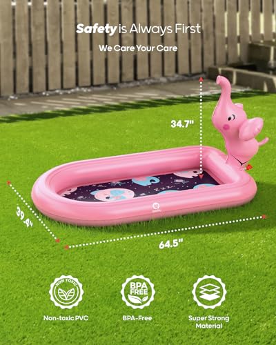 QPAU Splash Pads for Toddlers 1-3, Pink Elephant Toy Splash Pad for Kids, Outdoor Play Mat for Babies, Inflatable Sprinkler Pool for Birthday Girl Gifts 1 Year Old Girl