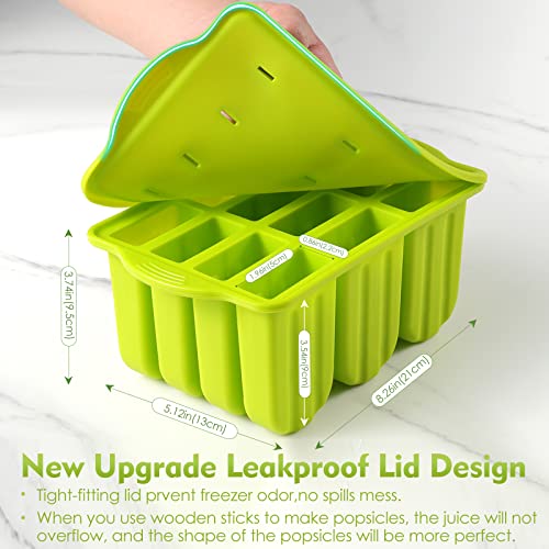 Popsicle Molds Silicone BPA-free,12 Pieces Popsicle Trays for Freezer,Homemade Ice Cream Popsicle Molds,Large Ice Pop Maker Set,Moldes Para Paletas,Ice Lolly Moulds with 100PCS Popsicle Sticks(Green)