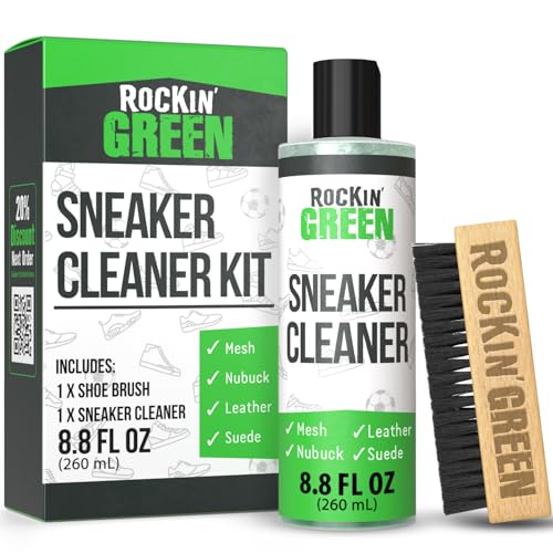 Rockin'Green Shoe Cleaning Kit - Shoe Cleaner Sneakers Solution with Brush Included - Sneaker Cleaner Kit Safe for Mesh, Nubuck, Leather, Suede - Deep Refresh Care Kit (8.8fl oz)