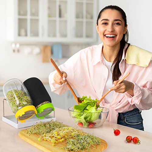 Kitmiido Seed Sprouting Kit, 2 Large Wide Mouth Mason Jars with Sprout Lids, Blackout Sleeves, Drain Tray, Stainless Steel Stand, Sprouts Growing Kit for Bean, Broccoli, Alfalfa (Yellow+Green)