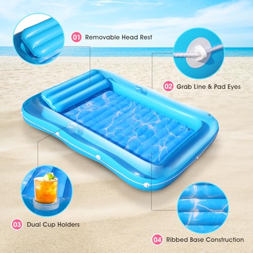 Inflatable Tanning Pool for 2 Person, 81''x 60'' Tanning Pool Lounger Float with Pillow, Thicken Sutan Tanning Bed Pool Floats Adult w/2 Cup Holders, Water Tanning Pools for Backyard Lake Party