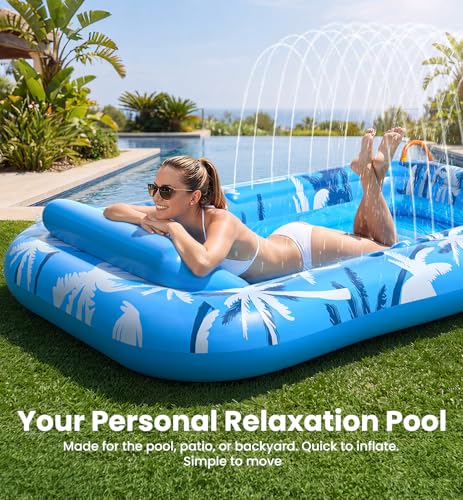Inflatable Tanning Pool Lounger Float with Sprinkler, X-Large Pool Floats with Auto Spray Cooling, 6 in 1 Sunbathing Lounge Floatie Raft Toys, Blow Up Pool Tanning Bed for Adults Kids Gifts