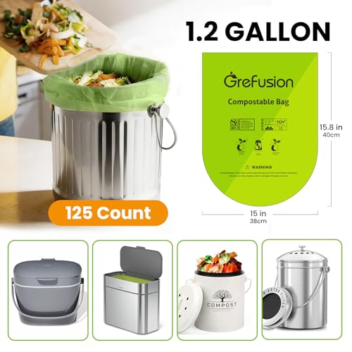 GreFusion Compostable Bags 1.2 Gallon,125 Count, Fits 0.75,1,1.2,1.3,1.6,1.8 Gallon Countertop Bin, Small compost bags, Certified by BPI, ASTM D6400 and OK Compost