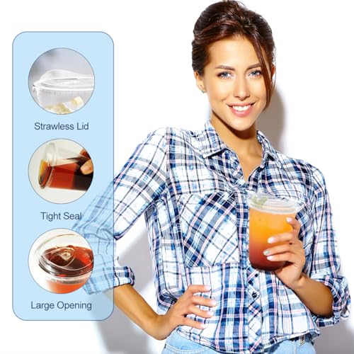 Clear Plastic Cups with Lids, 16 oz, 50 Pack Disposable Beverage Containers for Iced Coffee, Smoothie, Milkshake, Cold Drinks, Party Catering
