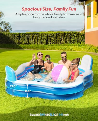 QPAU Inflatable Swimming Pool with 2 Seats and Backrests, 80" L x 80" W x 16.5" D Large Full-Sized Family Pools for Kids and Adults for Backyard, Garden, Outdoors, Clear Blue