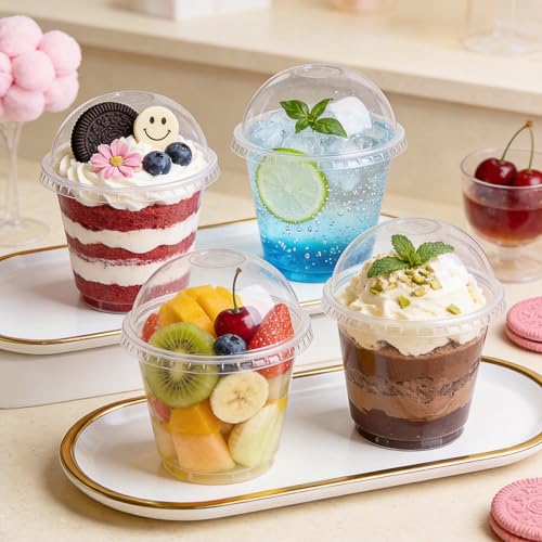 Lullaby 200Pack 9oz Clear Plastic Cups with Dome Lids, Dessert Cups with Lids, Disposable Parfait Cups, Party Cups Cupcake for Parties and Daily Use
