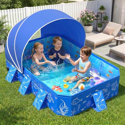 FizZeal Kiddie Pool with Canopy,Baby Swimming Pool for Toddler,Non-Inflatable Portable Pool for Kid,Foldable Toddler Pool with Shade,Kids Pool for Backyard.Outdoor Pop Up Kiddie Beach Pool 53"x40"x33'