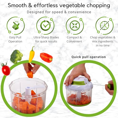 Brieftons QuickPull Manual Food Chopper: Large 4-Cup Powerful Hand Pull Chopper/Mincer/Mixer Blender to Chop Onion, Garlic, Vegetables, Fruits, Herbs for Salsa, Salad, Pesto, Puree, Indian Cooking