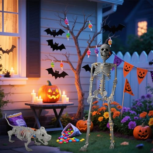 Lighted Human & Dog Skeleton Halloween Decorations Outdoor/Indoor