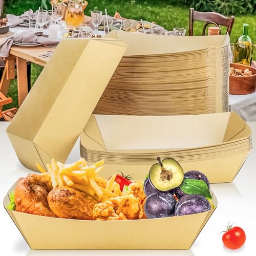 100 Pack 5LB Extra Large Paper Food Boats Trays Disposable Paper Boat, Heavy Duty Kraft Food Serving Tray Boat Basket for Snack Popcorn Sandwich Burger Taco BBQ Dessert Fries Nacho