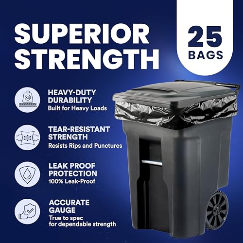 Plasticplace 95-96 Gallon Garbage Can Liners Heavy Duty 1.5 Mil Black Trash Bags Tear-Resistant Outdoor Garbage Bags for Rollaway Bins Large 61" x 68" Industrial-Strength Waste Bags (25 Count)
