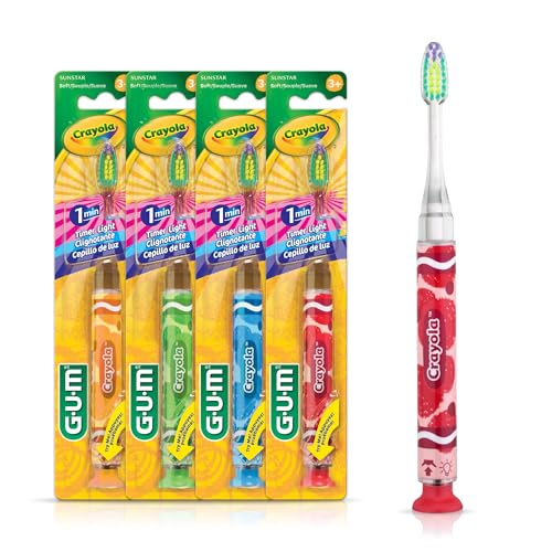 GUM Crayola Timer Light Kids Toothbrush, Soft-Bristled Toothbrush with Suction Cup Base for Ages 3+, 1 Count (Pack of 4)