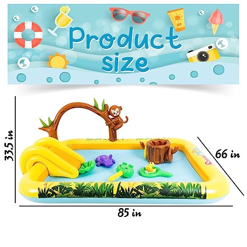 Inflatable Jungle Animal Play Center Outdoor Playhouse Inflatable Water Park with Kid Pool Slide, Sprinkler Toy with Base Pool, Monkey, Tree Stump for Garden Backyard