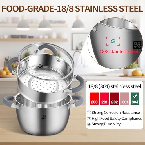 GOLDEN KEY 3.2 QT Steamer Pot With Lid - 2-Tier 18/8 Stainless Steel，Multipurpose Steaming Cookware with Vegetable Steam Basket, Oven & Dishwasher Safe, Triple Bottom for Even Heating, Perfect for Dumplings, Seafood and Vegetables
