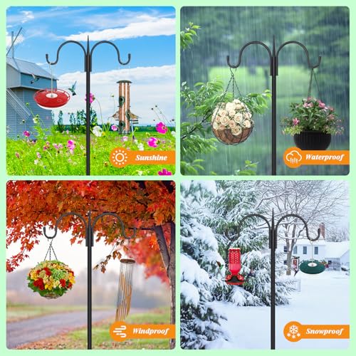 FEED GARDEN Heavy Duty Shepherds Hook 76" Double Hooks Adjustable (44/60/76") - Alloy Steel 5-Prong Base, 17lb Capacity - Easy Assembly Bird Feeder Pole for Hanging Planters, Lanterns, Wind Chimes