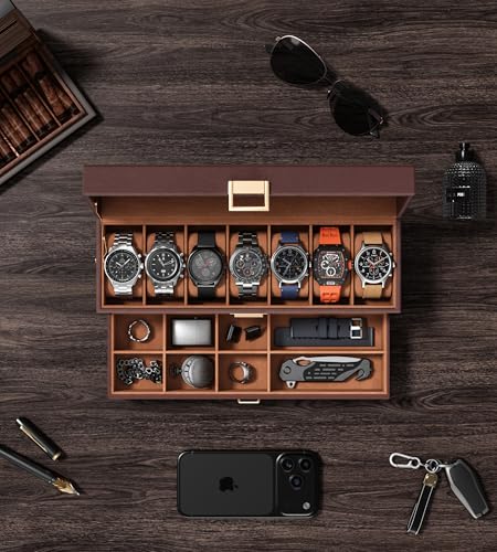 Watch Case Box for Men - 7 SLots Watches Storage Organizer Real-Glass Display Case with Jewelry Drawer 2-Layer PU Leather Collection Holder Gift for Loved Ones Brown