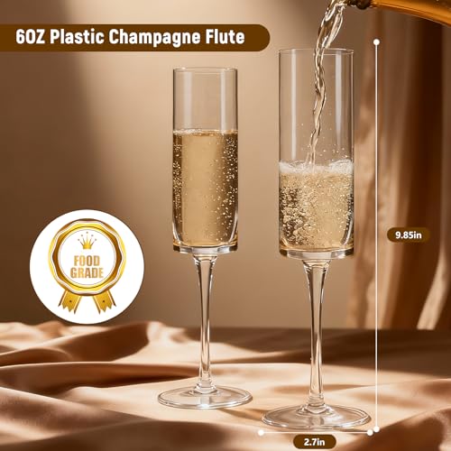 GuanQiao 24-Pack Plastic Champagne Flutes, 6oz Clear Square Disposable Toast Glasses, Heavy Duty Shatterproof Recyclable Wine Glasses for Party Wine Tasting Wedding New Years Eve Party Supplies