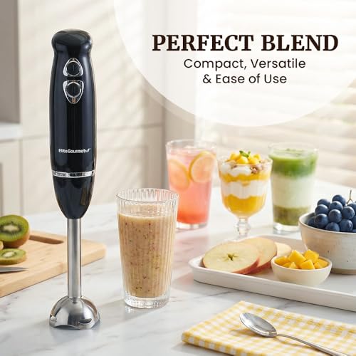 Elite Gourmet EHB1015 Immersion Hand Blender 500 Watts 2 Speed Mixing with Stainless Steel Blades, Detachable Wand Stick Mixer, Smoothies, Baby Food, Soup, Black