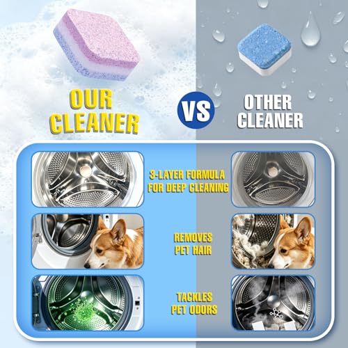 Washing Machine Cleaner Tablets 24-Pack, 3-Layer Formula Deep Cleaning, Pet Hair & Odor Removal, Residue & Build-Up Cleaner for HE, Front Load & Top Load Washers
