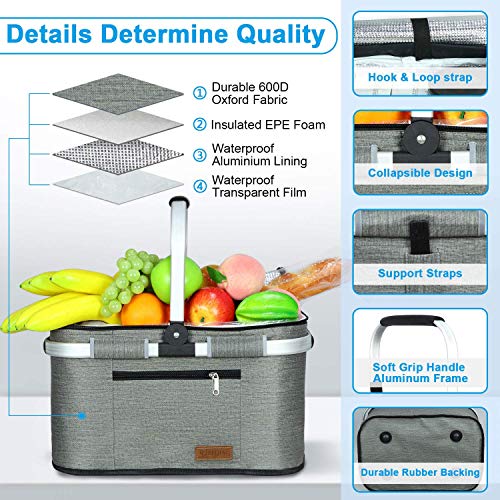 LIQING 35L Large Picnic Basket 2 Layers of Internal Pockets Leak-Proof and Insulated, Folding with Internal Support for enhansed Stability