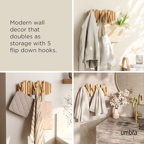 Umbra Picket Coat Rack Wall Mount – 5 Flip-Down Wood Coat Hooks, Modern & Functional Storage, Easy Install Wall Hooks, Natural