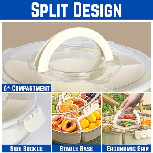 2 Pack Rotating Snackle Box Container with Lid and Handle | 6 Compartments Round Lazy Susan 360° Divided Serving Tray, Portable Clear Organizer for Fruit, Candy, Veggies, Charcuterie, Party & Picnic