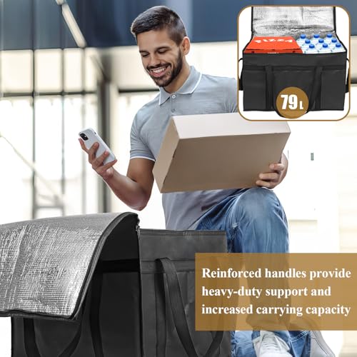 PEASUG Insulated Bags for Food Delivery, XXXL Pizza Delivery Bags, Large Capacity Cooler Bag Keep Food Warm for Grocery Shopping and Catering, Foldable, Heavy-Duty (Black)