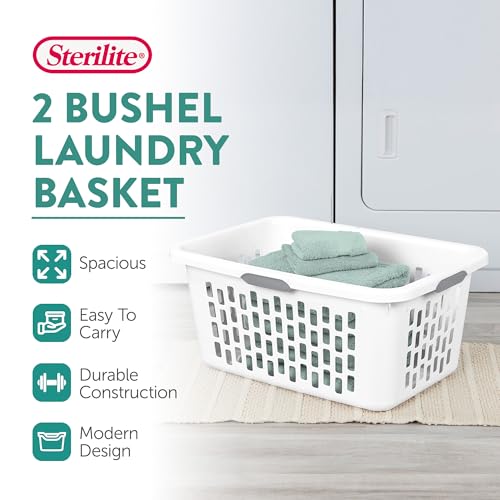 Sterilite Laundry Basket, Plastic Clothes Hamper, Large Rectangle Bin with Comfort Grip Handles and Reinforced Rim, 2 Bushel Capacity, White, 6 Pack