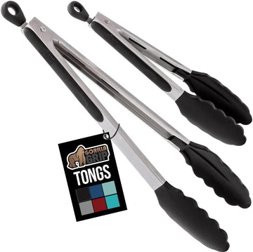 GORILLA GRIP Stainless Steel Heat Resistant Kitchen Tongs for Cooking, Set of 2 BBQ Tong, Non Scratch Silicone Tip for Pans, Strong Grip, Grab Food