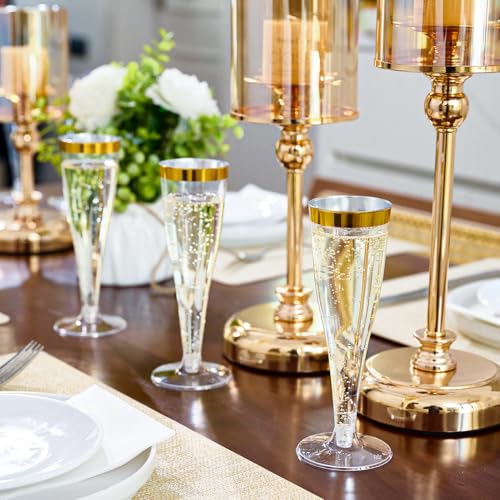 FOCUSLINE 100 Pack Plastic Champagne Flutes, 4.5 Oz Gold Rim Plastic Champagne Glasses, Disposable Clear Toasting Glasses Recyclable Champagne Cups for Wedding Party