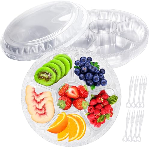 12 Pack Plastic Appetizer Trays with Lids,6 Compartment Serving Platters Tray with 100 Pcs Forks,Disposable 10 Inch Clear Round Fruit Storage Container for Snack,Food,Vegetable,Party Buffet Favors
